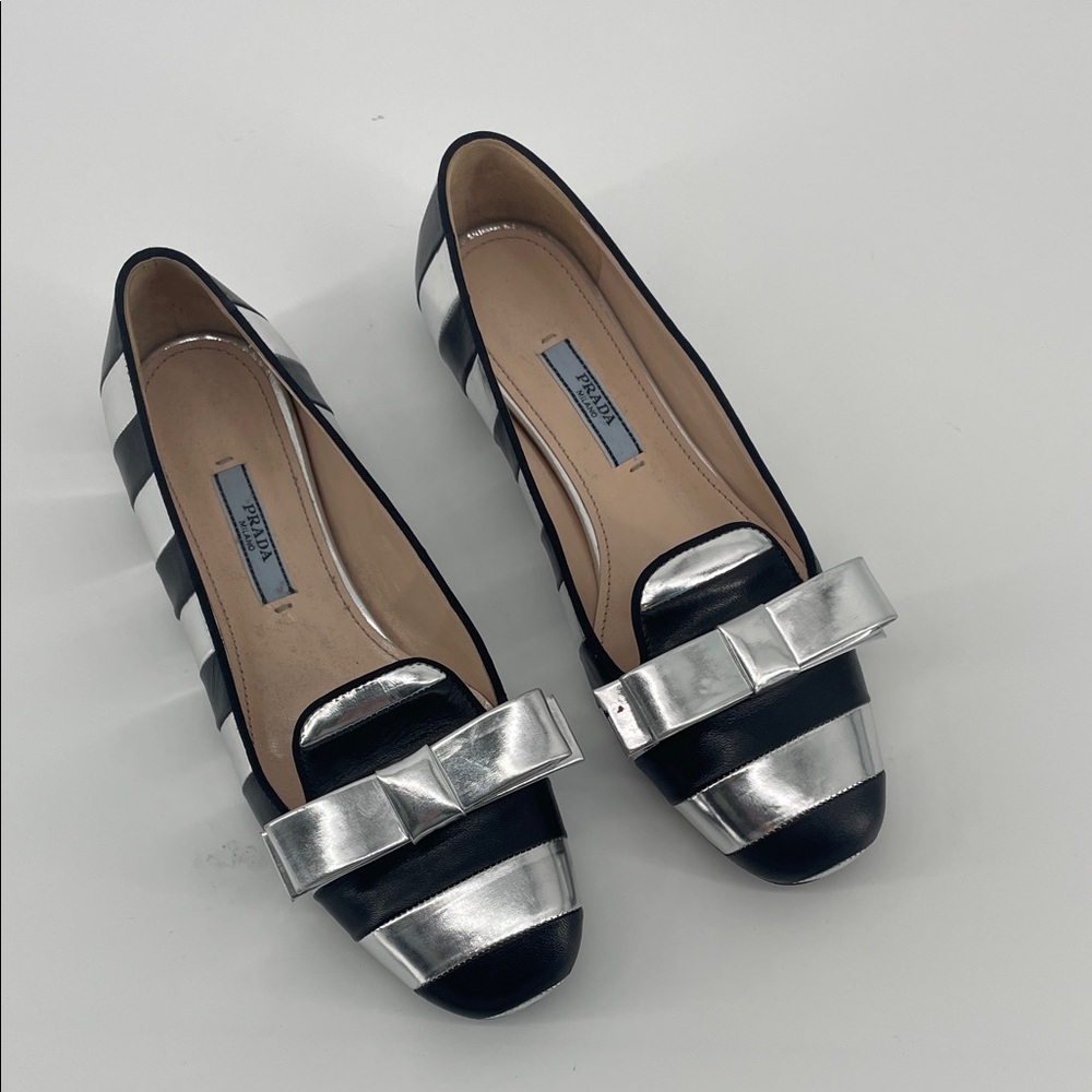 Prada Leather Striped Metallic Bow Flats 36 S75